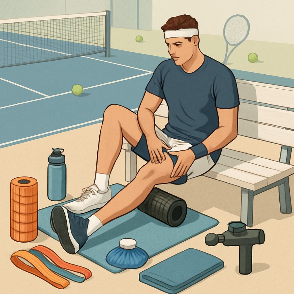 A tennis player resting on a bench by a tennis court, surrounded by recovery tools like a foam roller, resistance bands, ice pack, and water bottle, performing stretches to aid physical recovery.