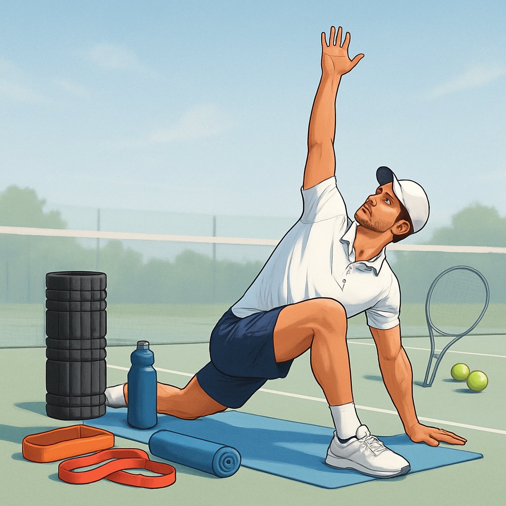 A tennis player performing stretching exercises on a tennis court with recovery equipment like a foam roller and resistance bands nearby.
