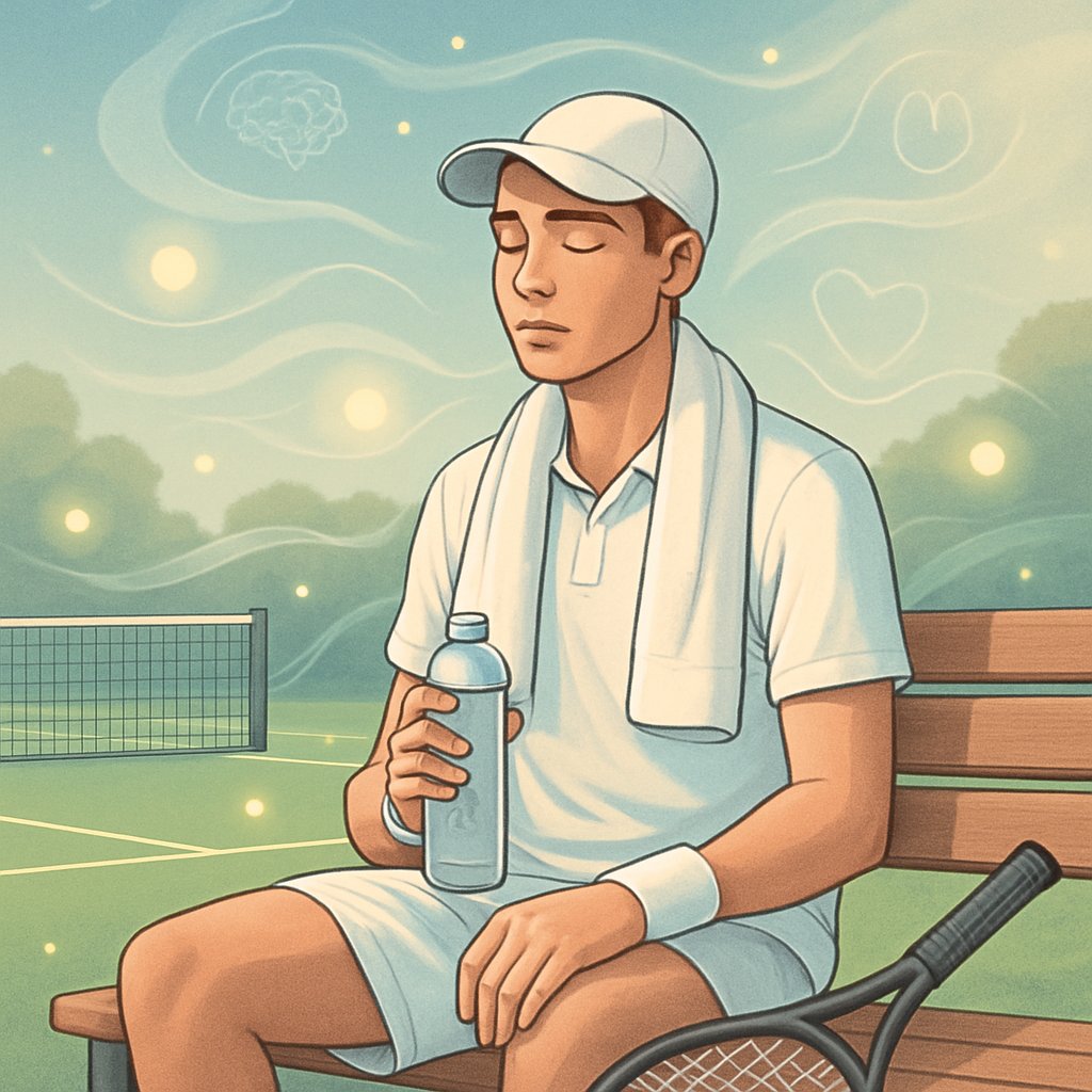 A tennis player resting on a bench beside a tennis court, surrounded by calming light effects symbolizing mental and emotional recovery.