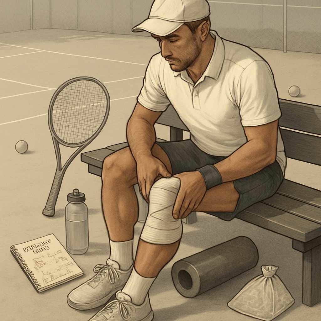 Tennis player sitting on a bench beside a tennis court with recovery tools like a foam roller and ice pack nearby.