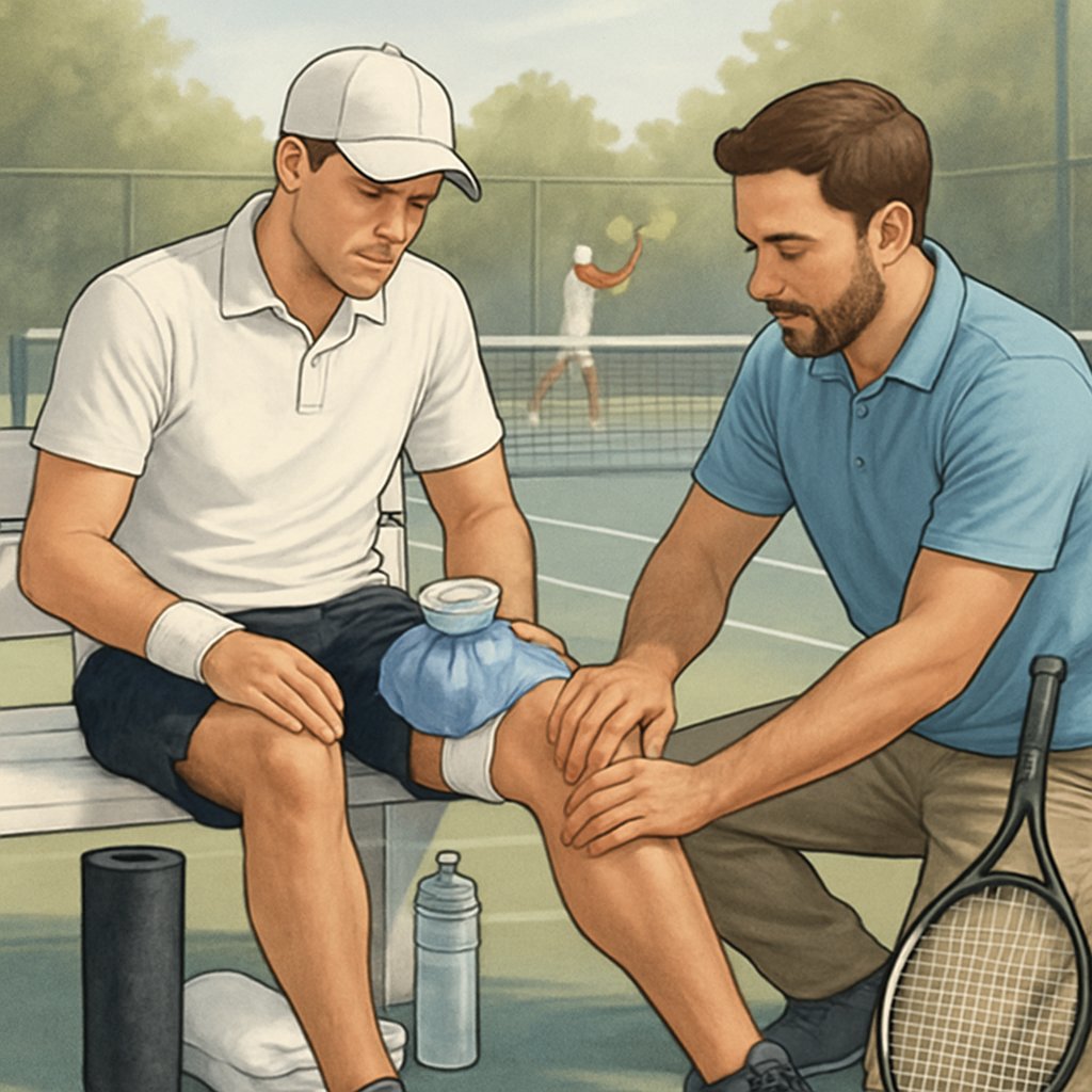 A male tennis player receiving leg massage from a physiotherapist on a bench near a tennis court with recovery equipment nearby.