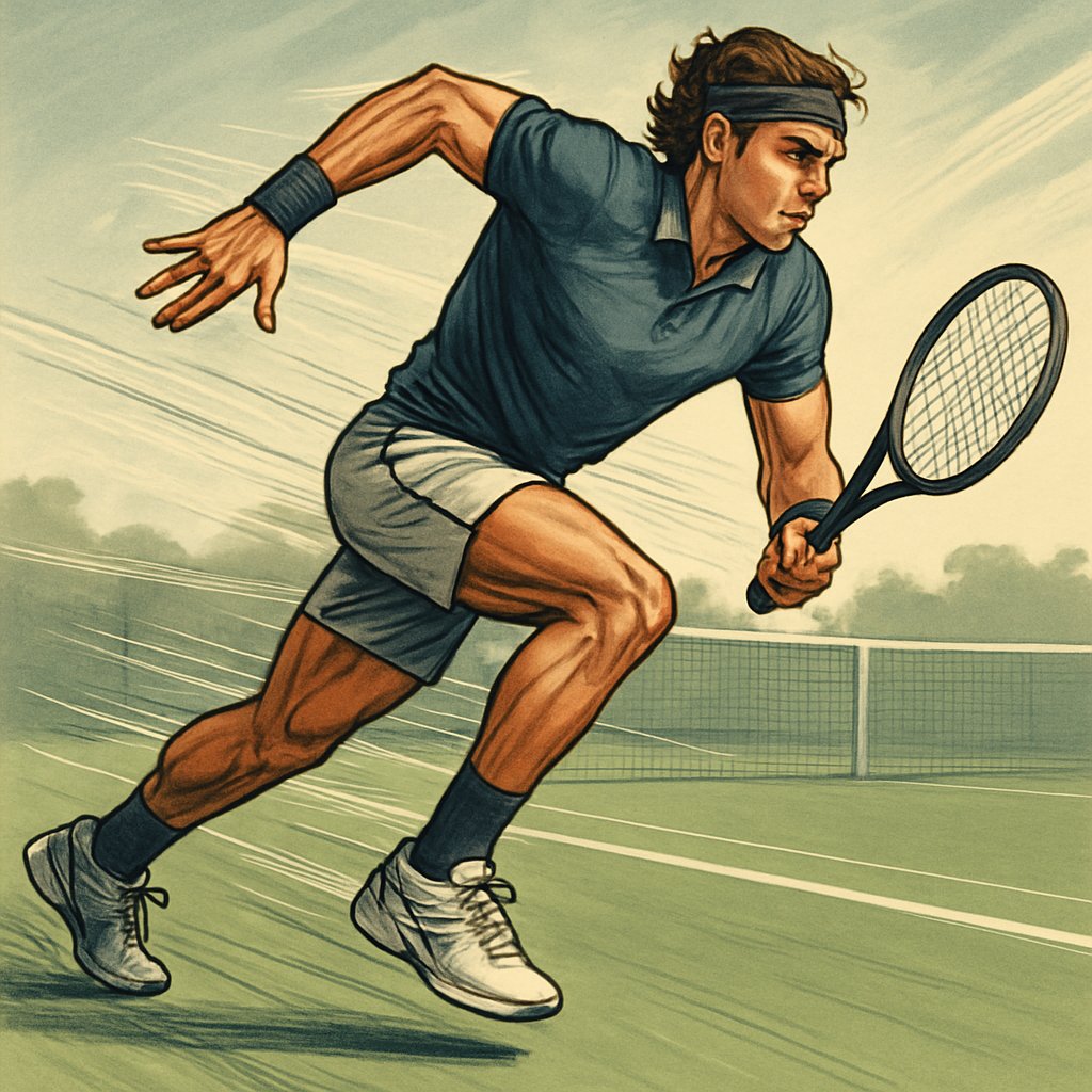 A tennis player making a fast first step on a tennis court, showing quick and powerful movement.