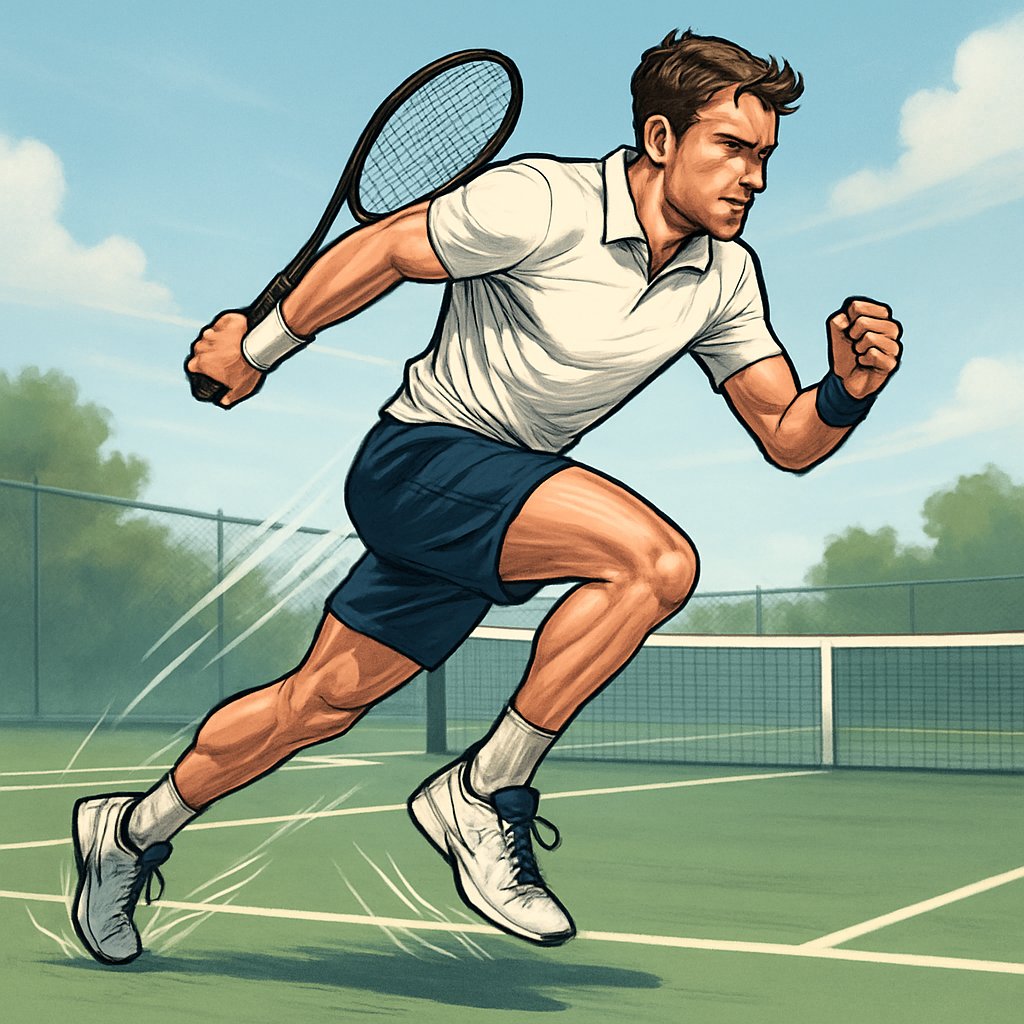 A tennis player explosively pushing off with his first step on a tennis court, showing quick movement and focus.