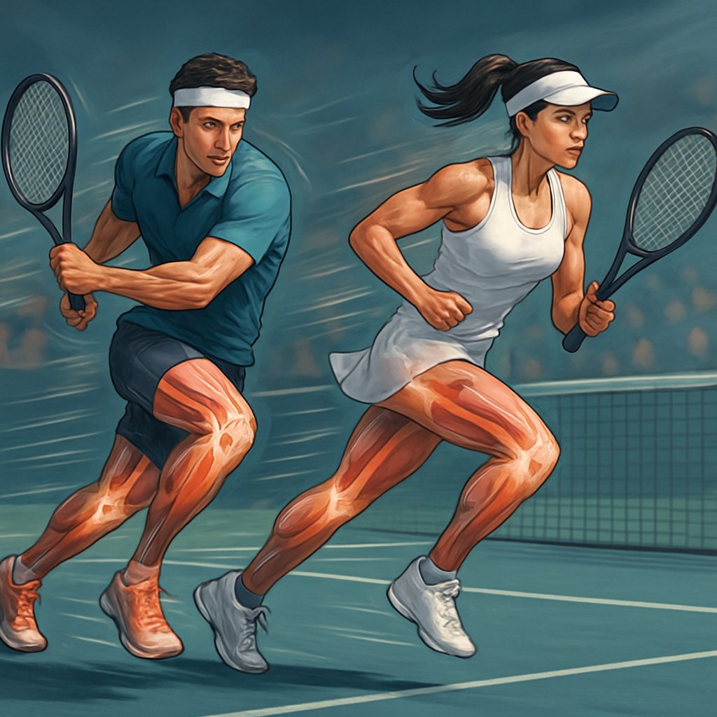 Two tennis players making quick, explosive first steps on a tennis court, showing powerful movement and athletic form.