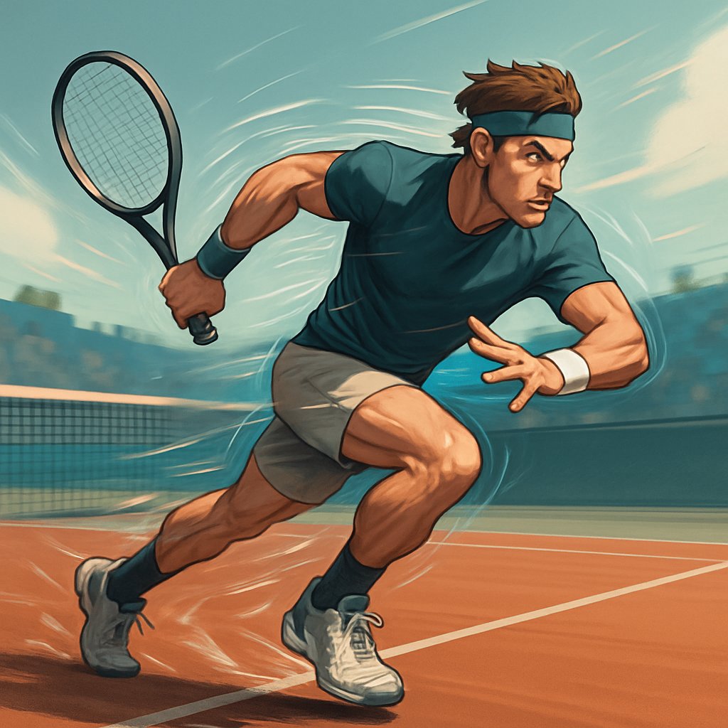 A tennis player quickly pushing off the ground to start a fast movement on a tennis court.