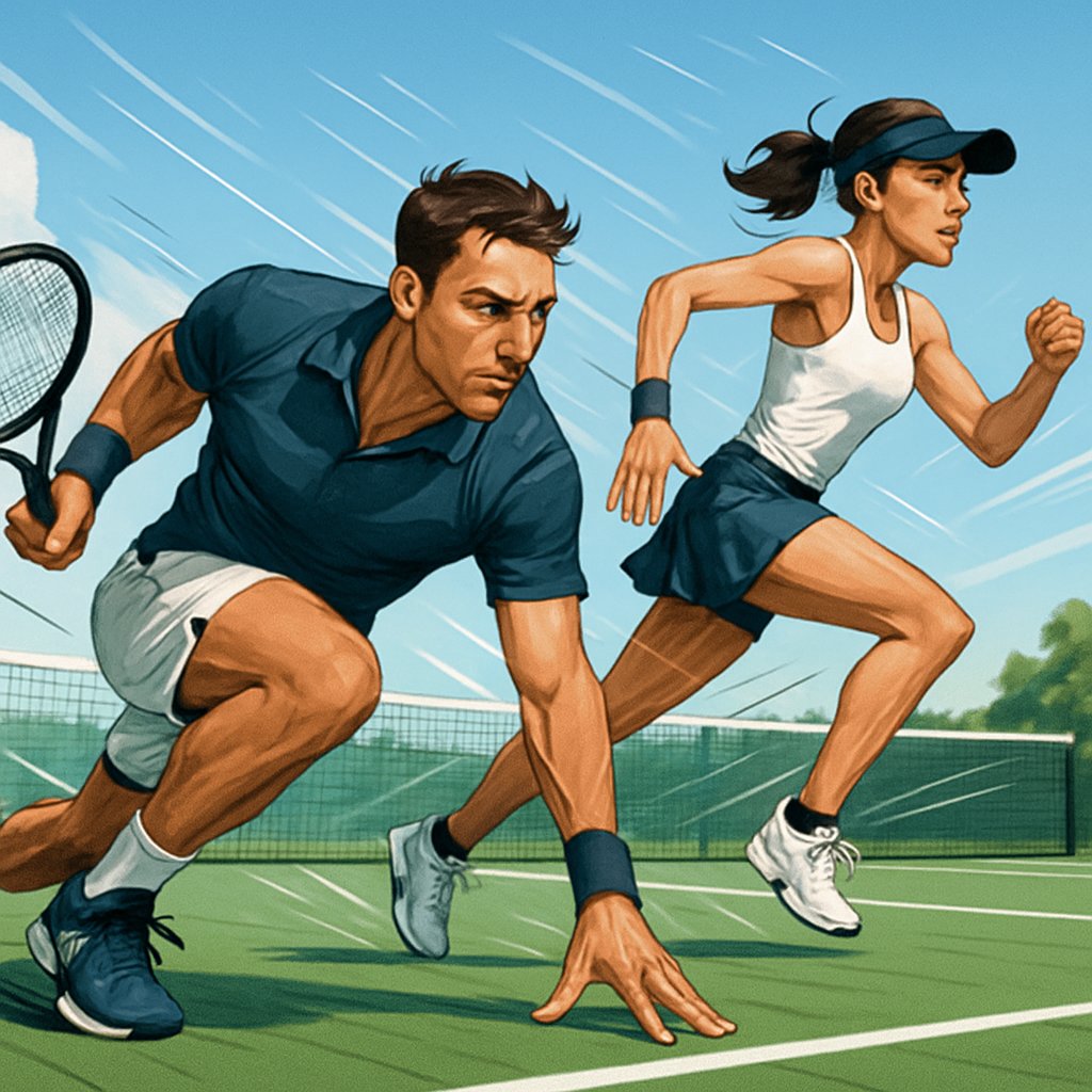 Two tennis players performing explosive movement drills on a tennis court, showing quick and powerful steps.