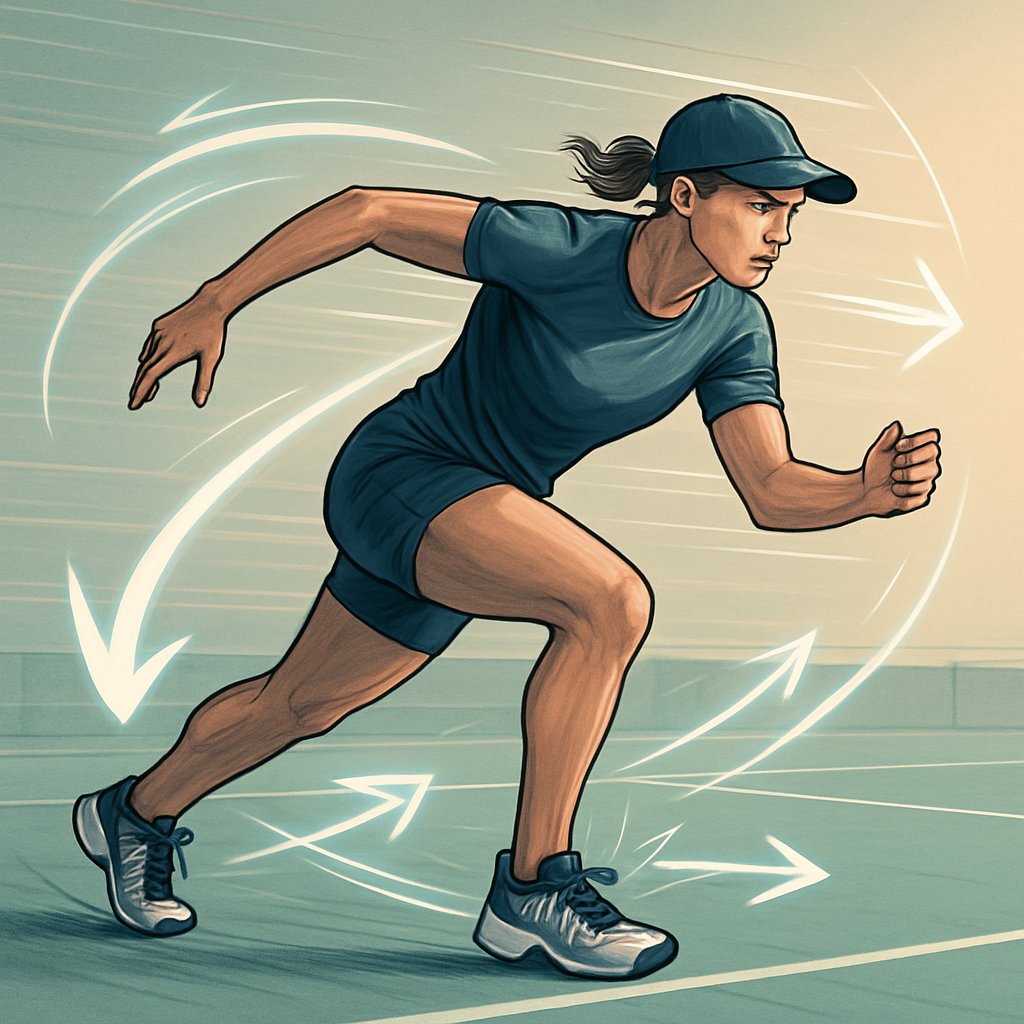 A tennis player lunging forward quickly on a tennis court, demonstrating fast first-step movement and agility.