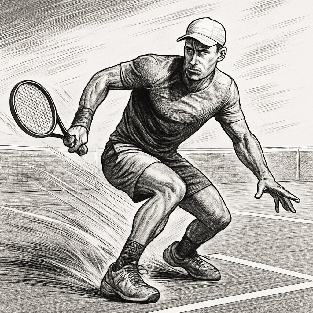 A tennis player quickly changing direction on the court during explosive movement training.