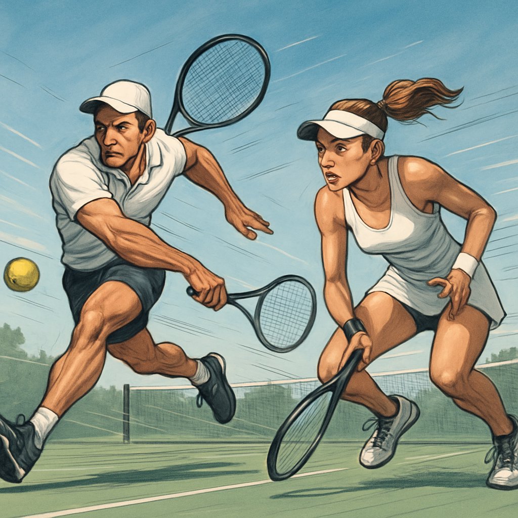 Two tennis players in action on a court, one lunging forward to hit a ball and the other poised to sprint, showing quick movement and agility.