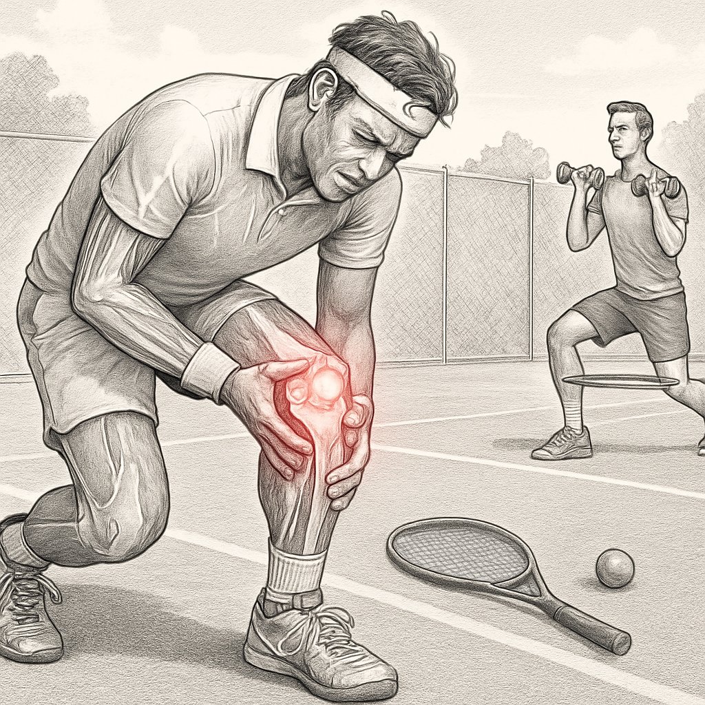 A tennis player holding his knee in pain on a tennis court while a trainer demonstrates strength exercises nearby.