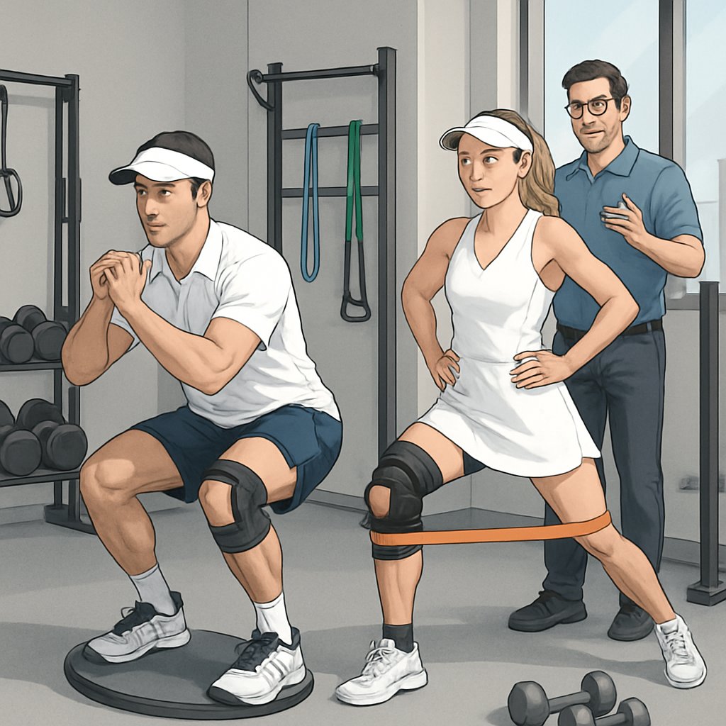 Two tennis players performing knee-strengthening exercises in a gym with a trainer guiding them.