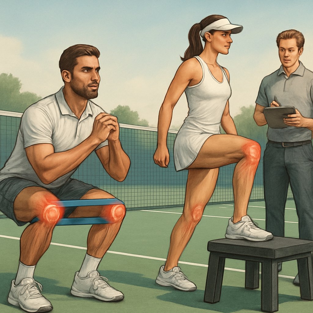Two tennis players performing knee-focused strength exercises on a tennis court with a trainer guiding them.
