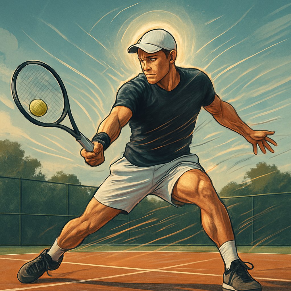 A tennis player hitting a forehand shot on a tennis court, showing focus and determination during training.