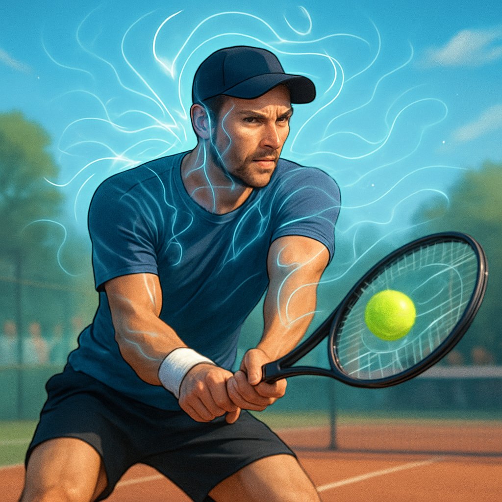 A tennis player hitting a forehand shot on a tennis court, showing focus and strength during training.