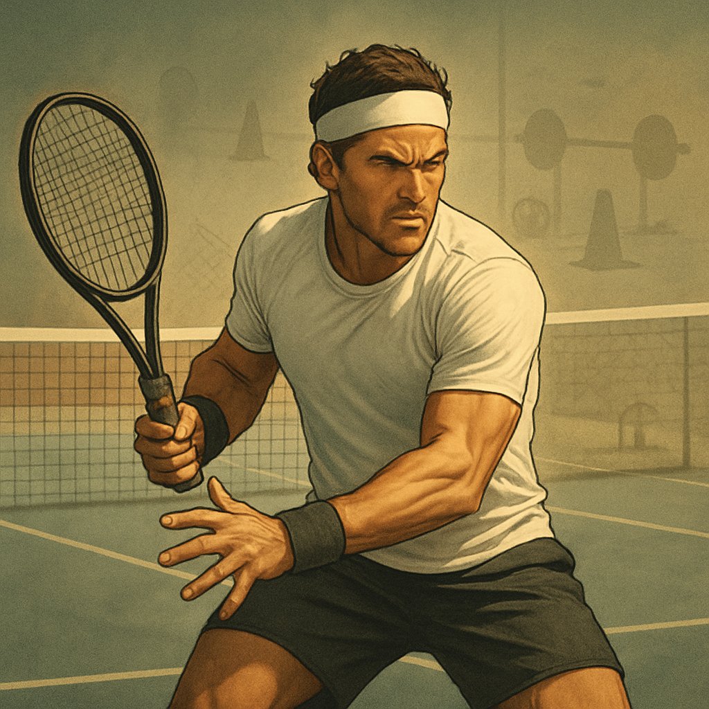 A tennis player on a court intensely focused during a match, showing determination and strength.