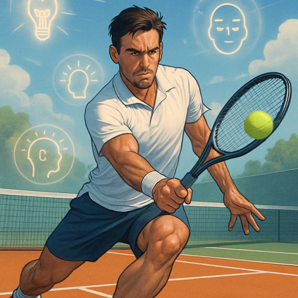 A focused tennis player hitting a forehand on a sunny court with visual symbols representing mental skills and resilience surrounding them.