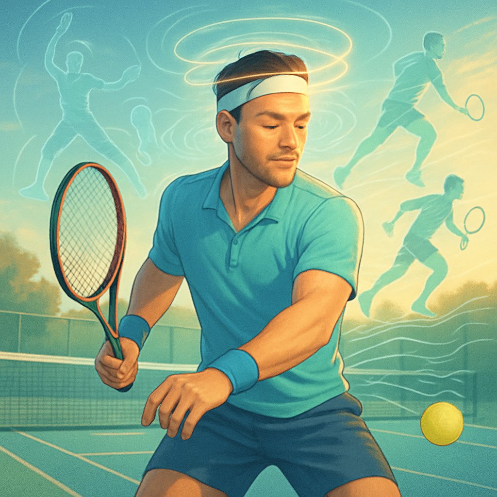A tennis player on a court preparing to hit a ball, surrounded by glowing outlines and swirling light patterns symbolizing mental focus and resilience.