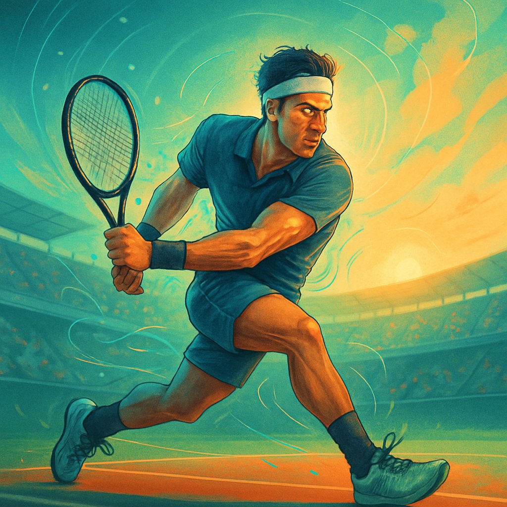 A focused tennis player in action on a court, showing determination and physical effort with a glowing aura and a sunrise in the background symbolizing growth and resilience.