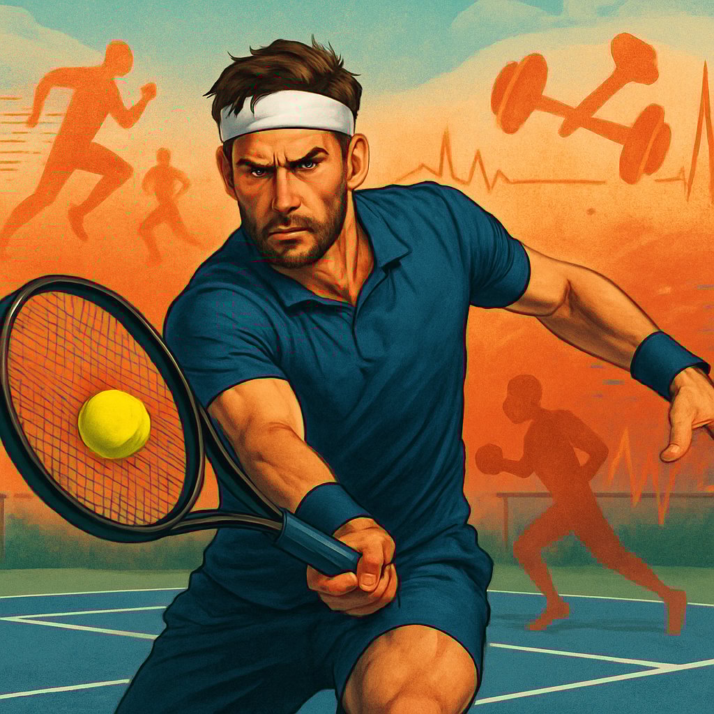 A tennis player hitting a forehand shot on a court, showing focus and determination, with subtle images of running, weights, and heart rate lines in the background.